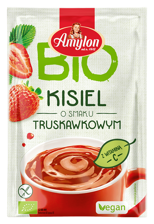 Produkt AMYLON (budynie, galaretki,kisiele,cukry, skrobie KISIEL INSTANT O SMAKU TRUSKAWKOWYM BEZGLUTENOWY BIO 30 g - AMYLON 8594006668224