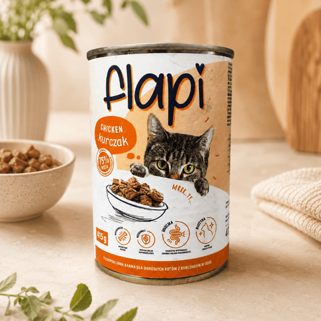 Produkt Flapi Mokra karma dla kota Karma dla kota FLAPI  Kawałki z kurczakiem w sosie 415g 005441