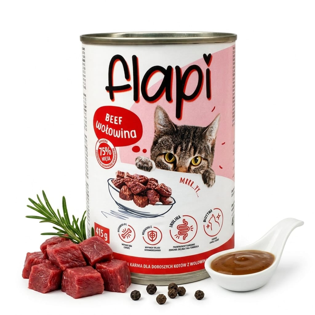 Produkt Flapi Mokra karma dla kota Karma dla kota FLAPI Kawałki z wołowiną w sosie 415g 005479
