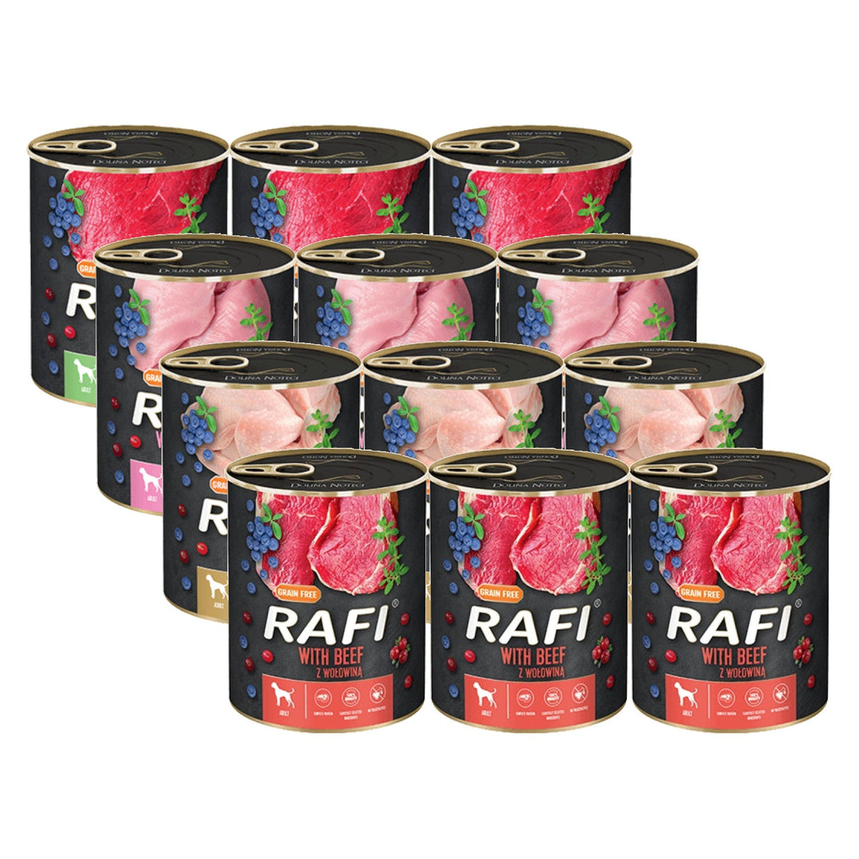 Produkt RAFI Mokra karma dla psa Karma mokra dla psa RAFI Mix z borówką i żurawiną 12x 800g Z00979