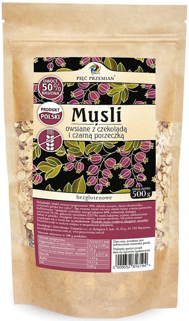 Produkt PIĘĆ PRZEMIAN (produkty spożywcze) MUSLI OWSIANE CZEKOLADOWE Z CZARNĄ PORZECZKĄ BEZ DODATKU CUKRÓW BEZGLUTENOWE 500 g - PIĘĆ PRZEMIAN 5900652816194