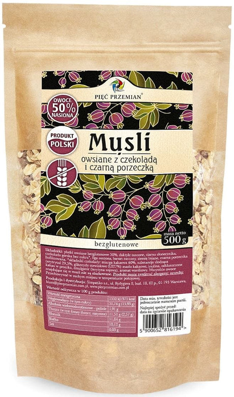 Produkt PIĘĆ PRZEMIAN (produkty spożywcze) MUSLI OWSIANE CZEKOLADOWE Z CZARNĄ PORZECZKĄ BEZ DODATKU CUKRÓW BEZGLUTENOWE 500 g - PIĘĆ PRZEMIAN 5900652816194