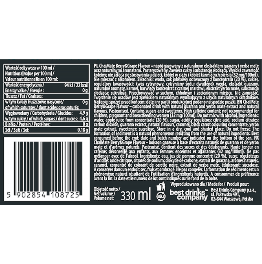 Produkt Vollmart24.com Napoje gazowane Napój gazowany CHAIMATE Berries & Grape Na bazie yerba mate Puszka 0,33l 003479