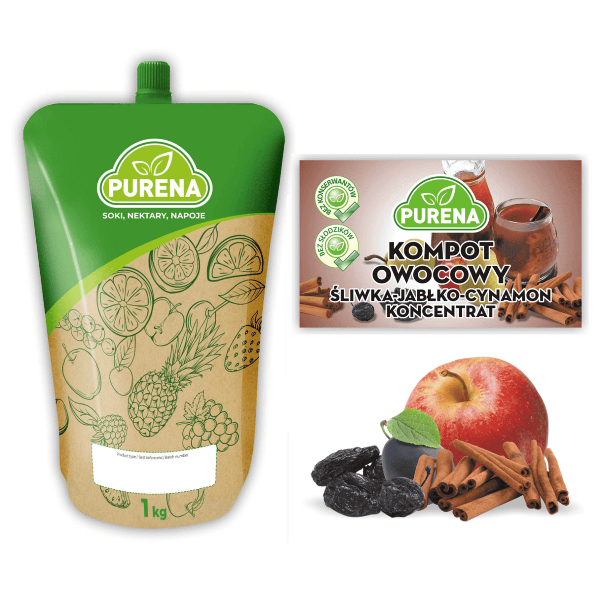 Produkt PURENA Napoje niegazowane Kompot śliwka-jabłko-cynamon PURENA koncentrat na 6l 1kg 003331