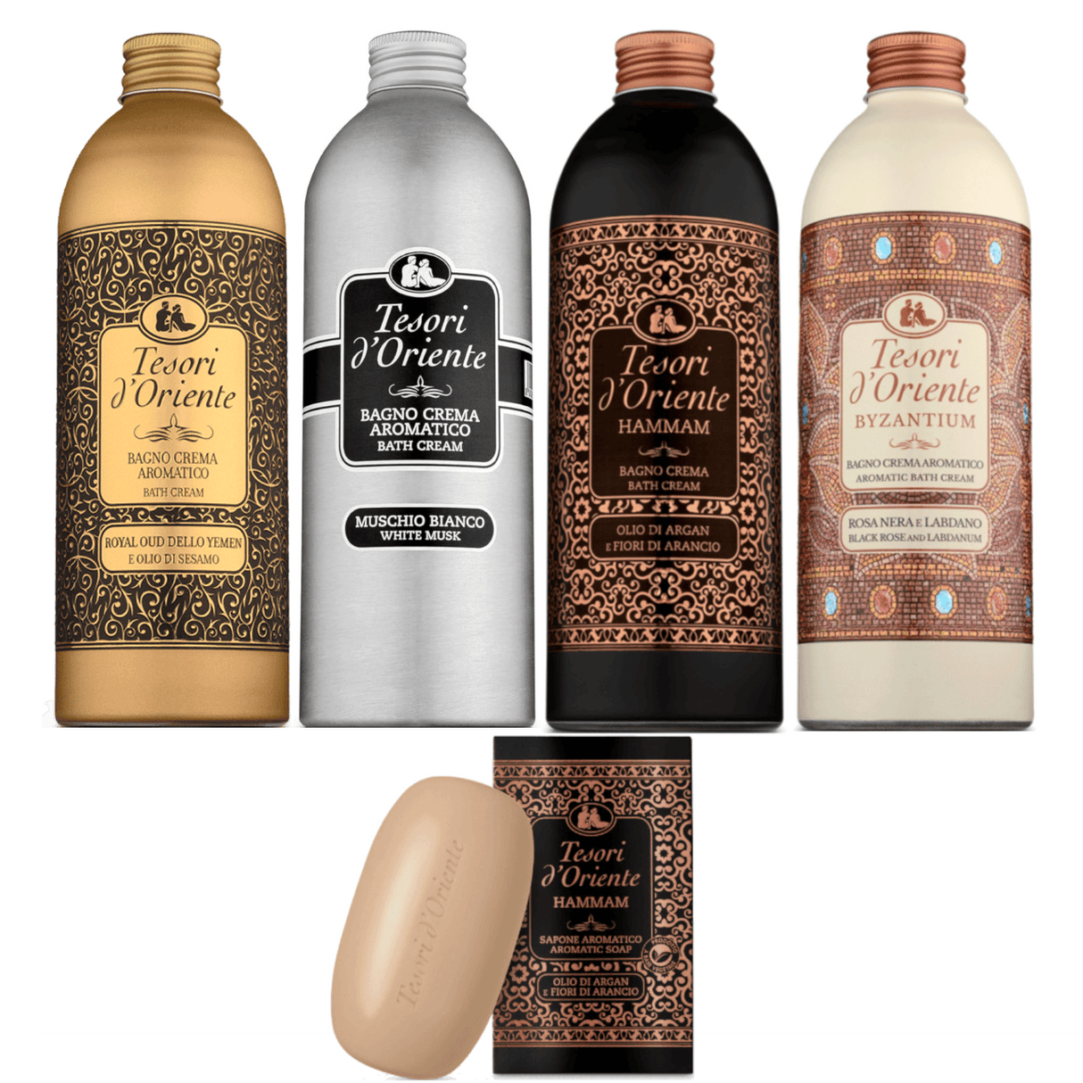 Produkt TESORI D'ORIENTE Płyny do kąpieli Płyn do kąpieli TESORI D'ORIENTE Mix 4x 500 ml + Mydło Gratis Z00989