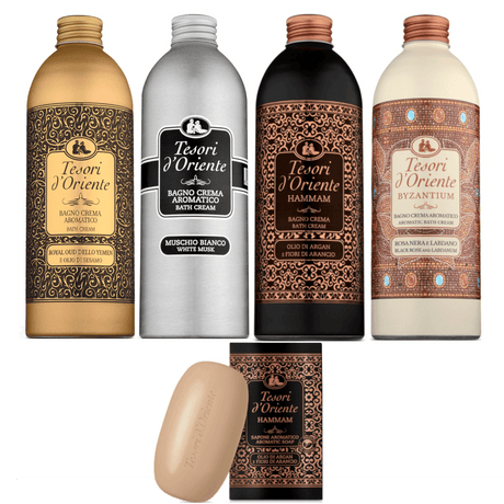Produkt TESORI D'ORIENTE Płyny do kąpieli Płyn do kąpieli TESORI D'ORIENTE Mix 4x 500 ml + Mydło Gratis Z00989