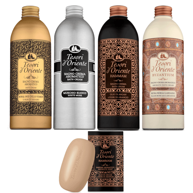Produkt TESORI D'ORIENTE Płyny do kąpieli Płyn do kąpieli TESORI D'ORIENTE Mix 4x 500 ml + Mydło Gratis Z00989