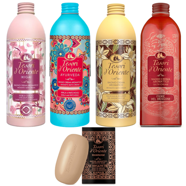 Produkt TESORI D'ORIENTE Płyny do kąpieli Płyn do kąpieli TESORI D'ORIENTE Mix 4x 500 ml + Mydło Gratis Z00987