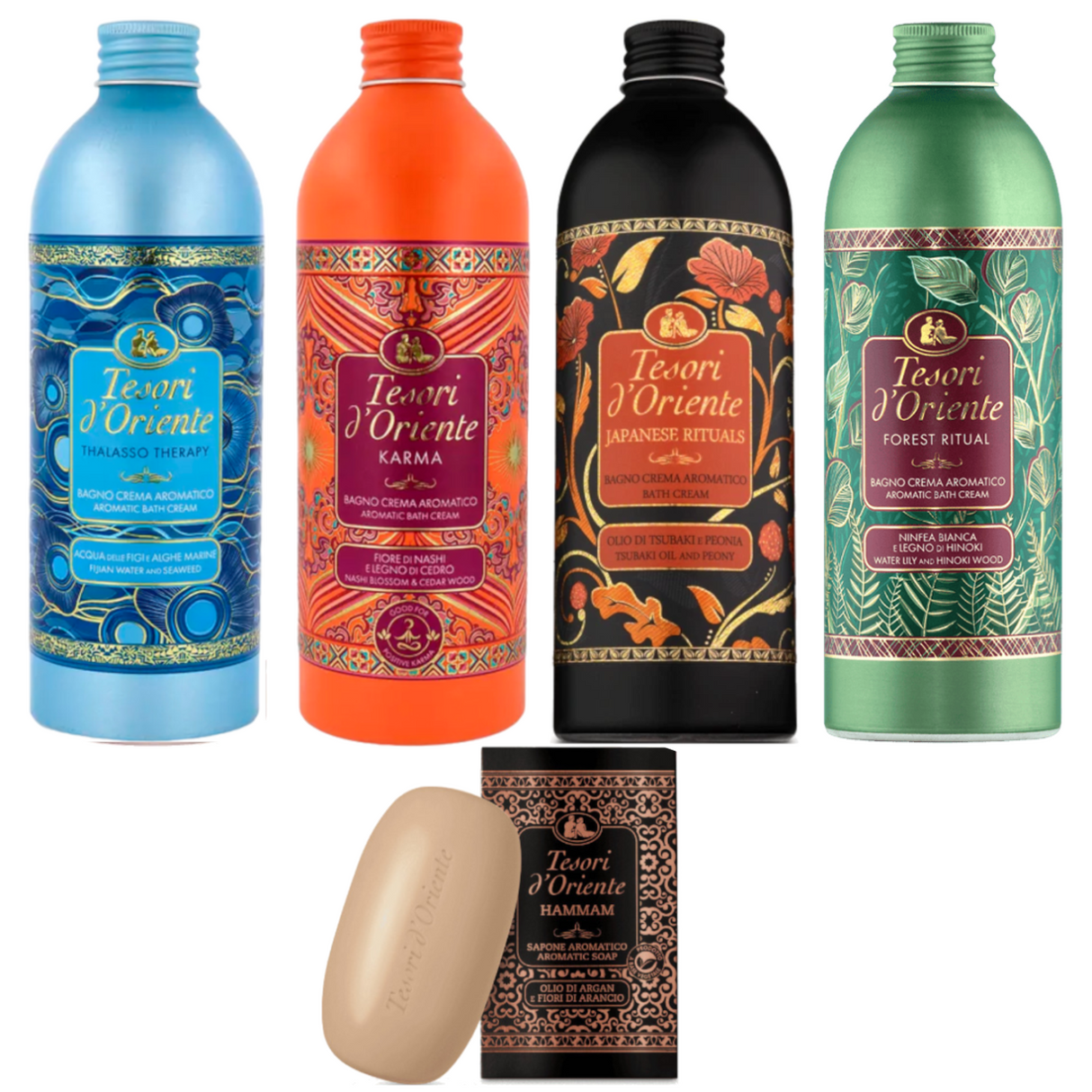 Produkt TESORI D'ORIENTE Płyny do kąpieli Płyn do kąpieli TESORI D'ORIENTE Mix 4x 500 ml + Mydło Gratis Z00986