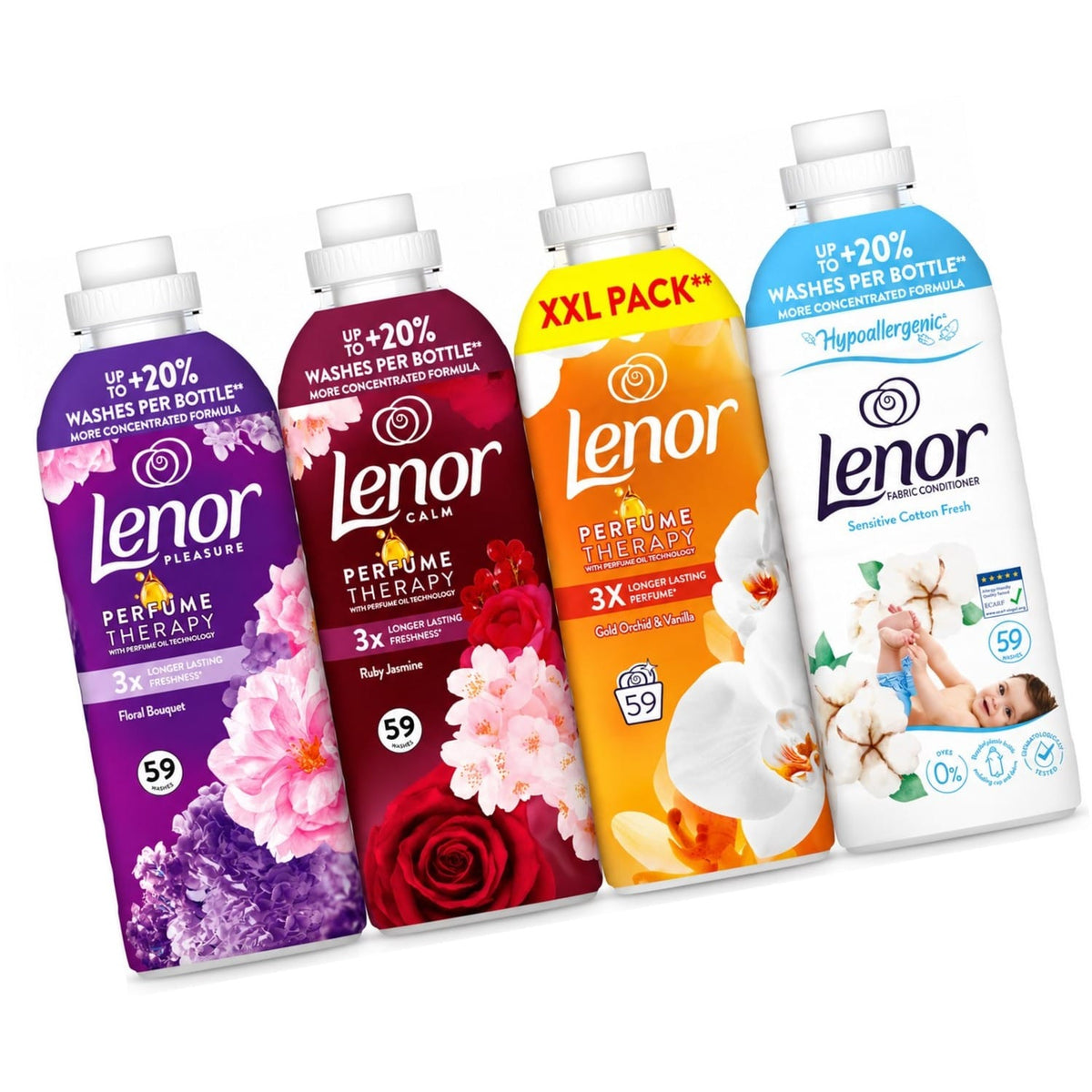 Produkt LENOR Płyny do płukania Płyn do płukania tkanin LENOR Mix Sensitive, Gold Orchid & Vanilla, Ruby Jasmine, Floral Bouquet 4x 1,239l Z10072
