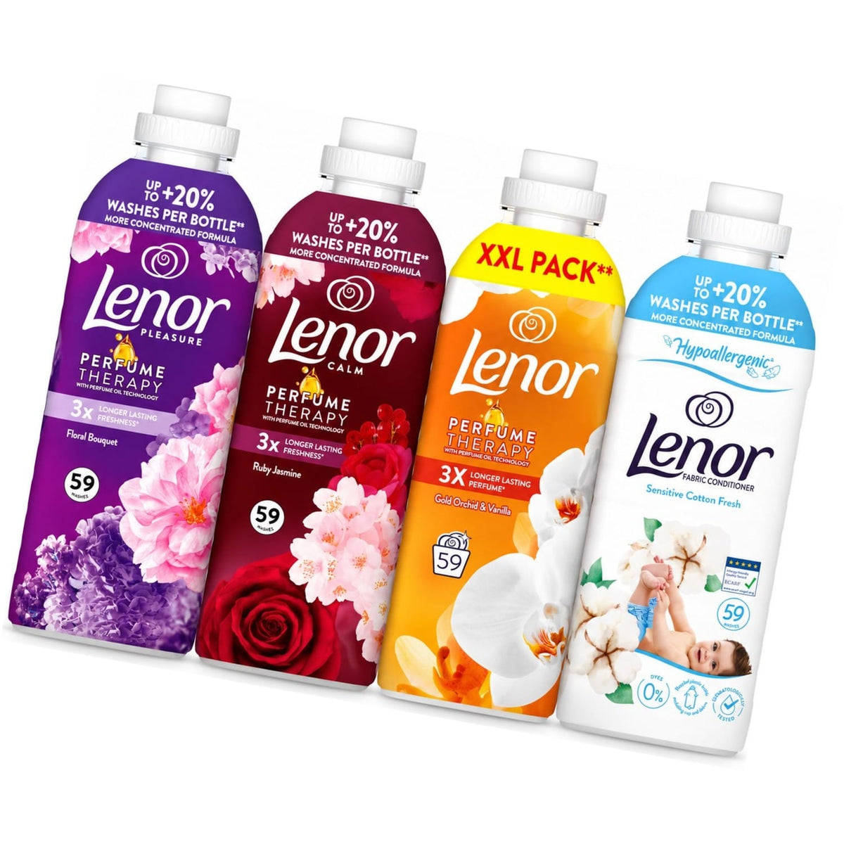 Produkt LENOR Płyny do płukania Płyn do płukania tkanin LENOR Mix Sensitive, Gold Orchid & Vanilla, Ruby Jasmine, Floral Bouquet 4x 1,239l Z10072