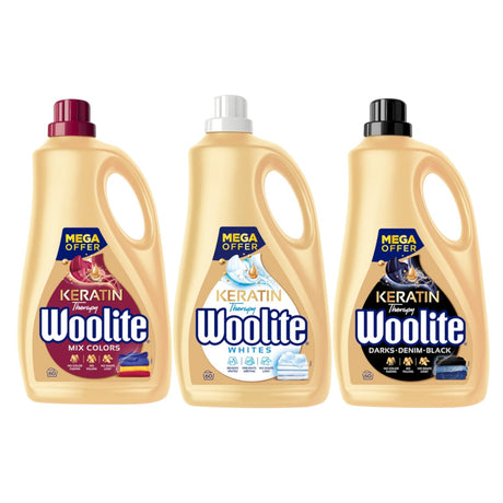 Produkt WOOLITE Płyny i żele do prania Płyn do prania WOOLITE Keratin Therapy biały kolor czarny MIX 60 prań 3x 3,6 l Z00531