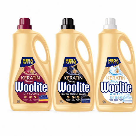 Produkt WOOLITE Płyny i żele do prania Płyn do prania WOOLITE Keratin Therapy biały kolor czarny MIX 60 prań 3x 3,6 l Z00531