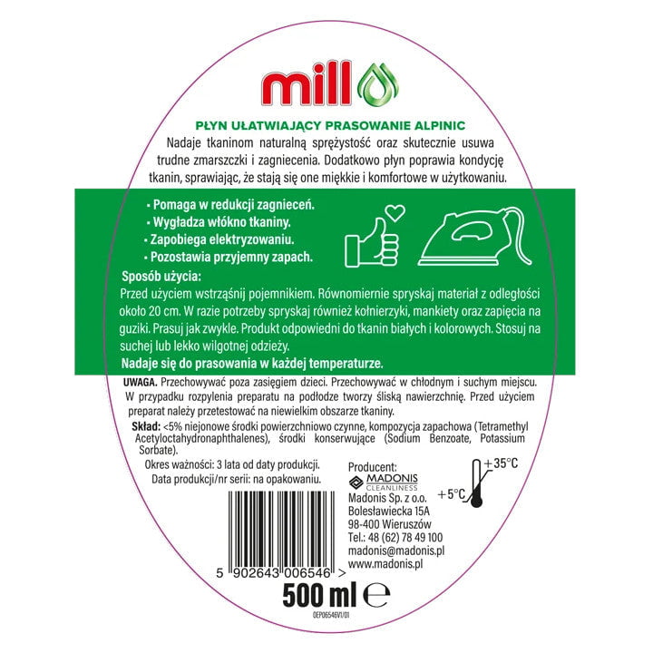 Produkt MILL Pozostałe do prania Płyn ułatwiający prasowanie MILL Alpinic 3in1 Spray 500ml 004398