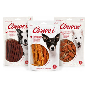 Produkt CORWEX Przysmaki dla psa Zestaw przysmaków dla psa CORWEX paski z kaczki kurczaka i ryby 3x250g Z10075
