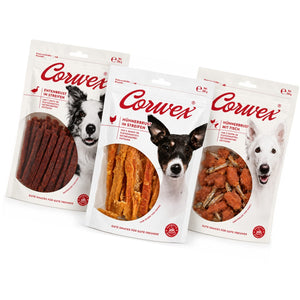 Produkt CORWEX Przysmaki dla psa Zestaw przysmaków dla psa CORWEX paski z kaczki kurczaka i ryby 3x250g Z10075