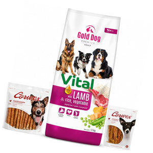 Produkt GOLD DOG Sucha karma dla psa Karma dla psa GOLD DOG Lamb 12kg + CORWEX Pałeczki z kurczakiem 500g + CORWEX paski z kurczaka Z10080
