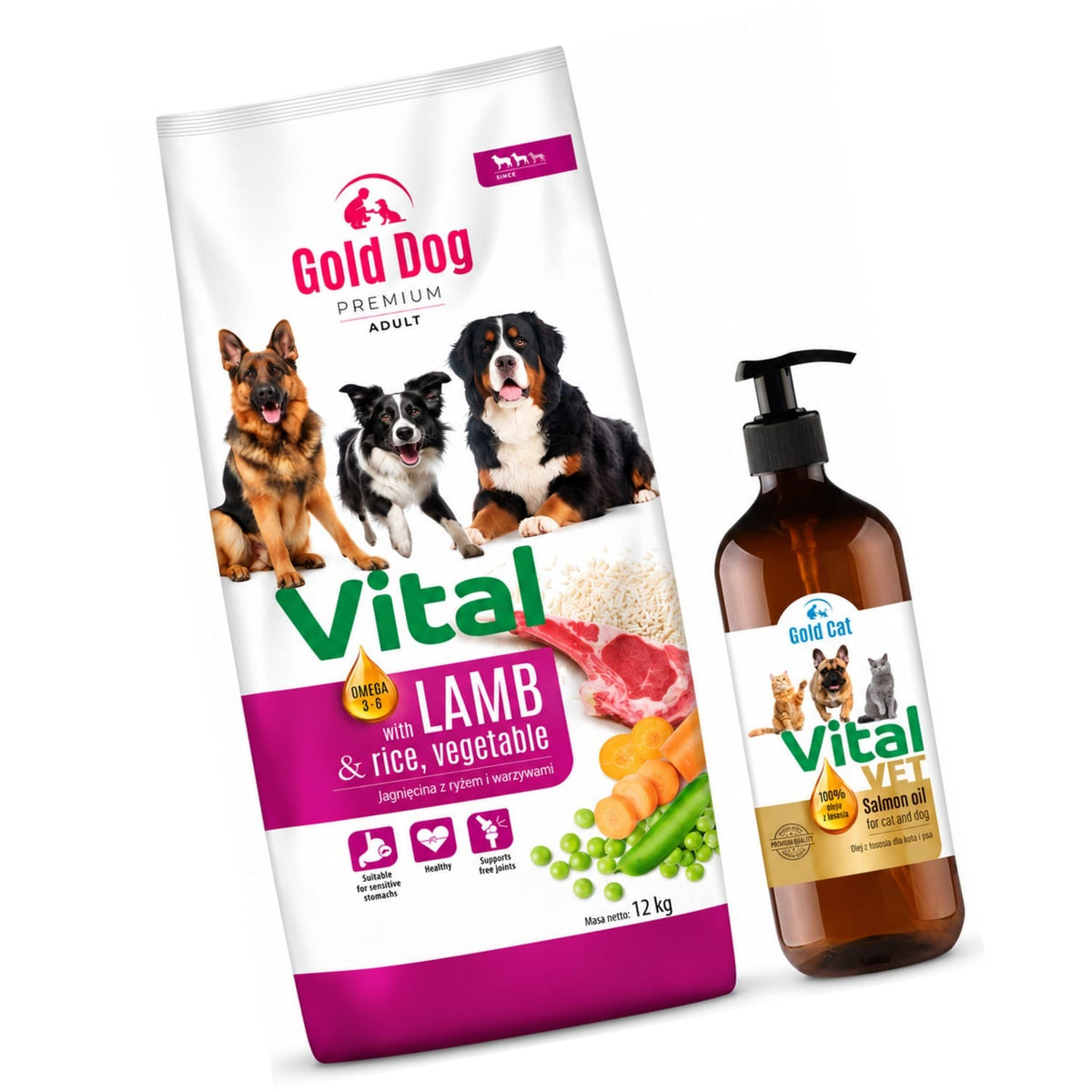 Produkt GOLD DOG Sucha karma dla psa Karma dla psa GOLD DOG Vital Lamb Rice & Vegetables 12kg + Olej z łososia  GOLD DOG Vital VET 100% 0,5l  GRATIS Z10068