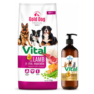 Produkt GOLD DOG Sucha karma dla psa Karma dla psa GOLD DOG Vital Lamb Rice & Vegetables 12kg + Olej z łososia  GOLD DOG Vital VET 100% 0,5l  GRATIS Z10068