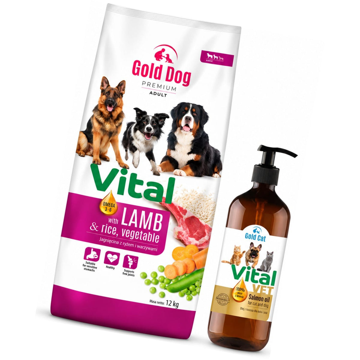 Produkt GOLD DOG Sucha karma dla psa Karma dla psa GOLD DOG Vital Lamb Rice & Vegetables 12kg + Olej z łososia  GOLD DOG Vital VET 100% 0,5l  GRATIS Z10068