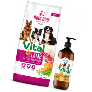 Produkt GOLD DOG Sucha karma dla psa Karma dla psa GOLD DOG Vital Lamb Rice & Vegetables 12kg + Olej z łososia  GOLD DOG Vital VET 100% 0,5l  GRATIS Z10068