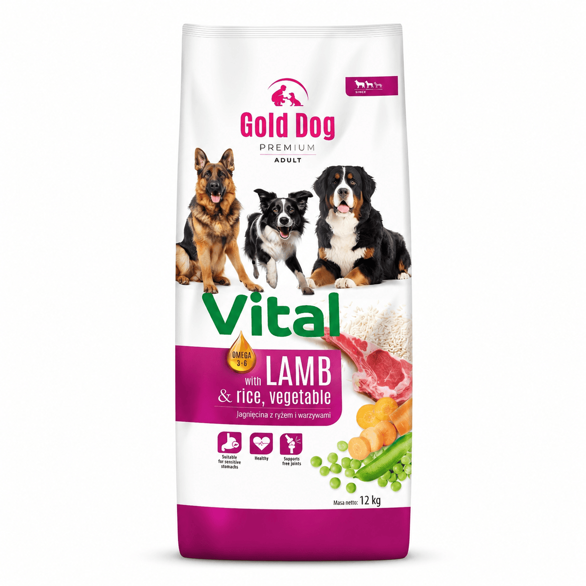 Produkt GOLD DOG Sucha karma dla psa Karma dla psa GOLD DOG Vital Lamb Rice & Vegetables 12kg + Olej z łososia  GOLD DOG Vital VET 100% 0,5l  GRATIS Z10068