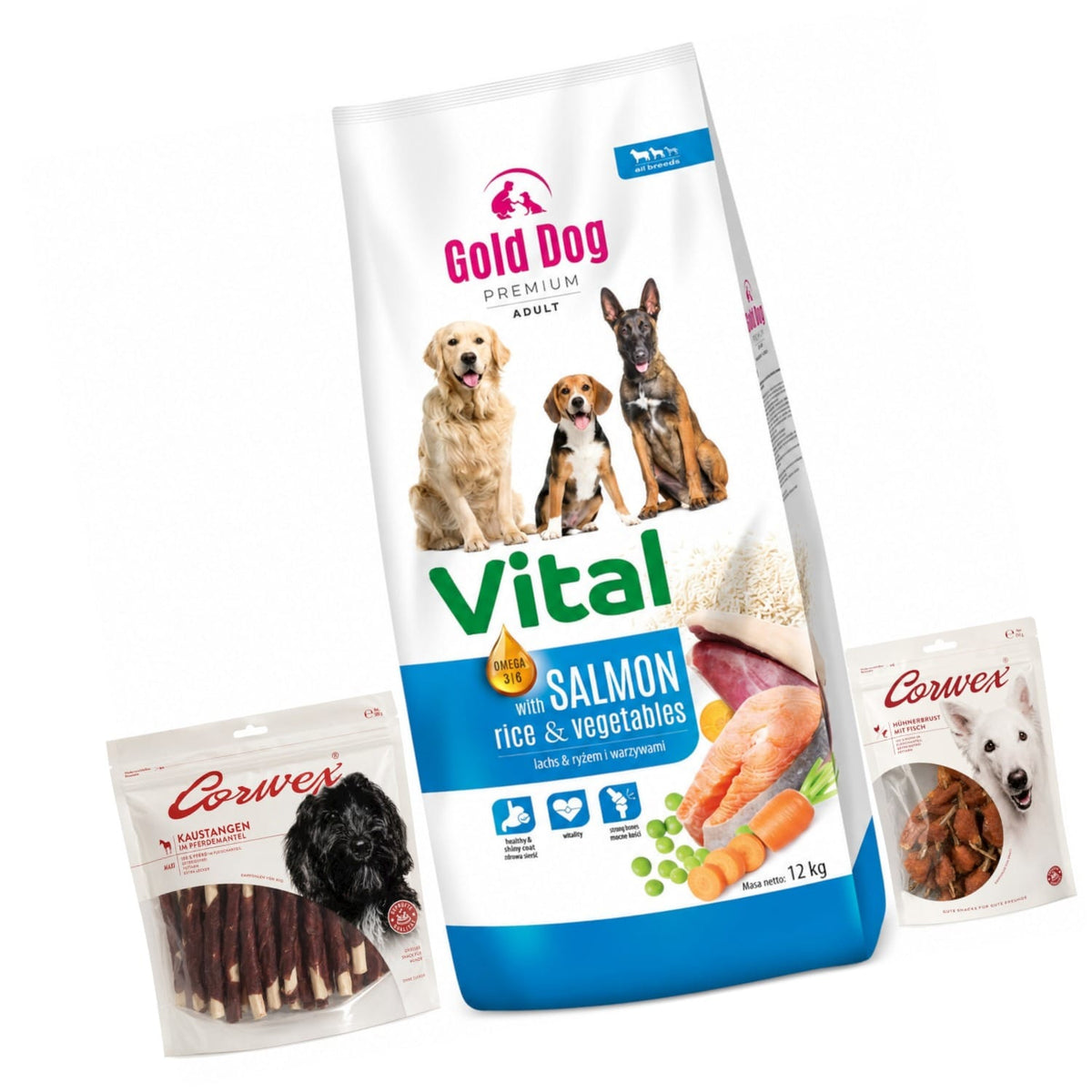 Produkt GOLD DOG Sucha karma dla psa Karma dla psa GOLD DOG Vital Salmon Rice & Vegetables 12kg + Kość do żucia 500g + Przysmak z kurczaka 250g Z10080
