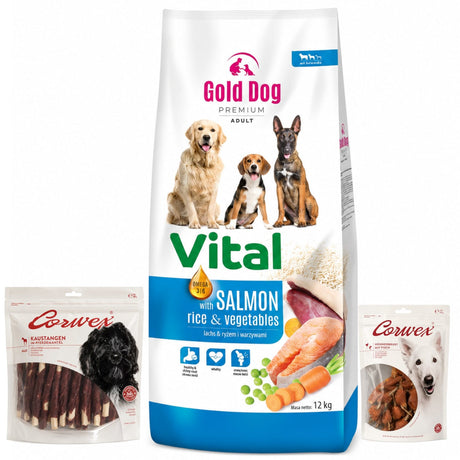 Produkt GOLD DOG Sucha karma dla psa Karma dla psa GOLD DOG Vital Salmon Rice & Vegetables 12kg + Kość do żucia 500g + Przysmak z kurczaka 250g Z10080