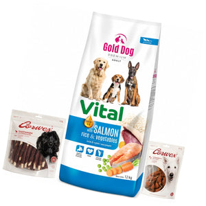 Produkt GOLD DOG Sucha karma dla psa Karma dla psa GOLD DOG Vital Salmon Rice & Vegetables 12kg + Kość do żucia 500g + Przysmak z kurczaka 250g Z10080