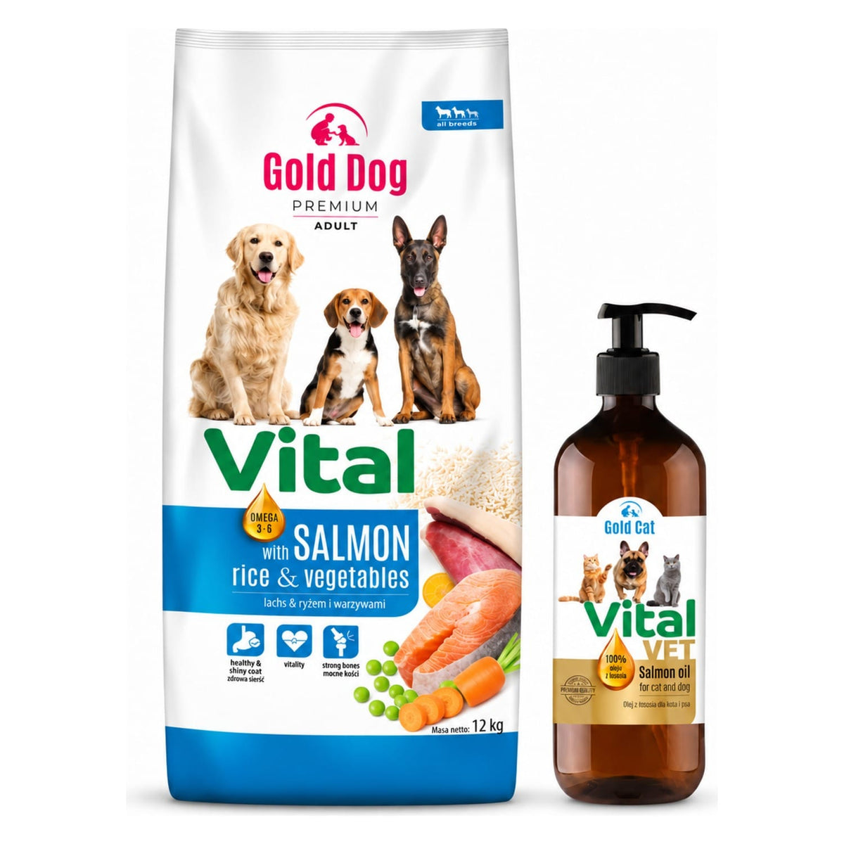 Produkt GOLD DOG Sucha karma dla psa Karma dla psa GOLD DOG Vital Salmon Rice & Vegetables 12kg + Olej z łososia  GOLD DOG Vital VET 100% 0,5l  GRATIS Z10069