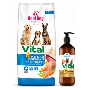 Produkt GOLD DOG Sucha karma dla psa Karma dla psa GOLD DOG Vital Salmon Rice & Vegetables 12kg + Olej z łososia  GOLD DOG Vital VET 100% 0,5l  GRATIS Z10069