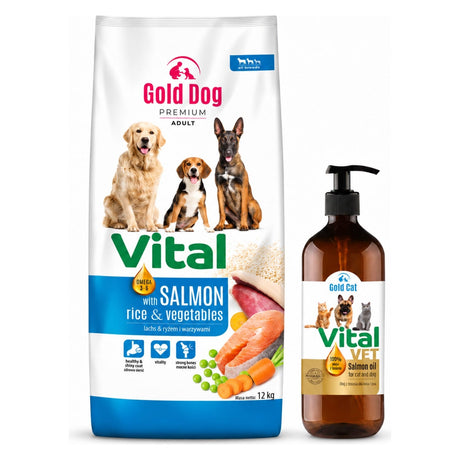 Produkt GOLD DOG Sucha karma dla psa Karma dla psa GOLD DOG Vital Salmon Rice & Vegetables 12kg + Olej z łososia  GOLD DOG Vital VET 100% 0,5l  GRATIS Z10069