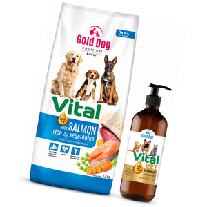 Produkt GOLD DOG Sucha karma dla psa Karma dla psa GOLD DOG Vital Salmon Rice & Vegetables 12kg + Olej z łososia  GOLD DOG Vital VET 100% 0,5l  GRATIS Z10069