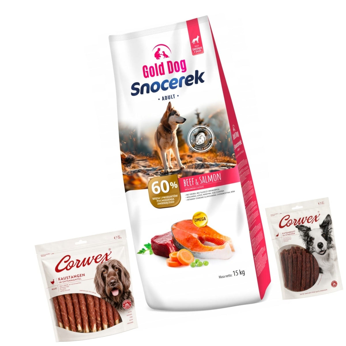 Produkt GOLD DOG Sucha karma dla psa Karma GOLD DOG 15 kg Beef & Salmon + Kość do żucia 500g + Paski z kaczki 250g Z10079