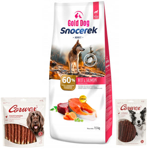 Produkt GOLD DOG Sucha karma dla psa Karma GOLD DOG 15 kg Beef & Salmon + Kość do żucia 500g + Paski z kaczki 250g Z10079