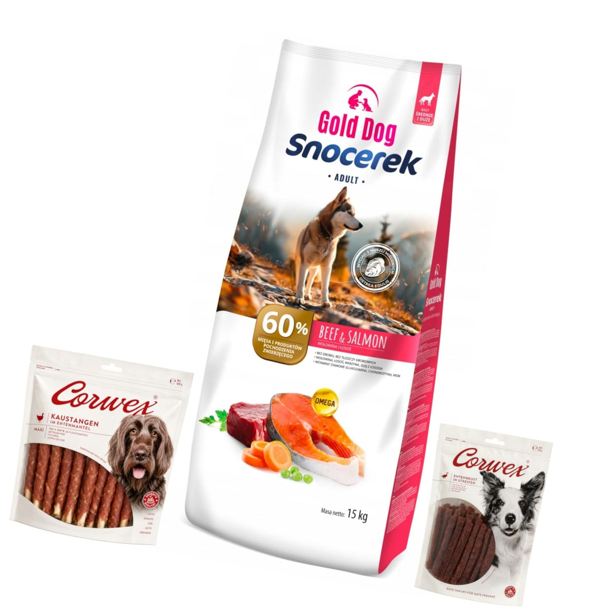 Produkt GOLD DOG Sucha karma dla psa Karma GOLD DOG 15 kg Beef & Salmon + Kość do żucia 500g + Paski z kaczki 250g Z10079