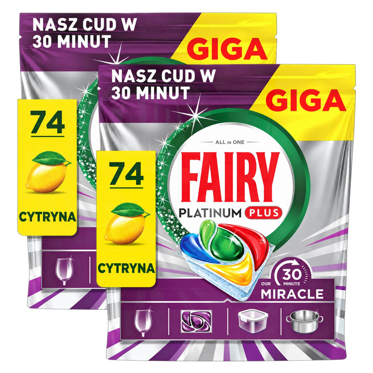 Produkt FAIRY Tabletki i kapsułki do zmywarki 2x Kapsułki do zmywarki FAIRY Platinum Plus 30 Minute Miracle Lemon 74 szt K_006523_2
