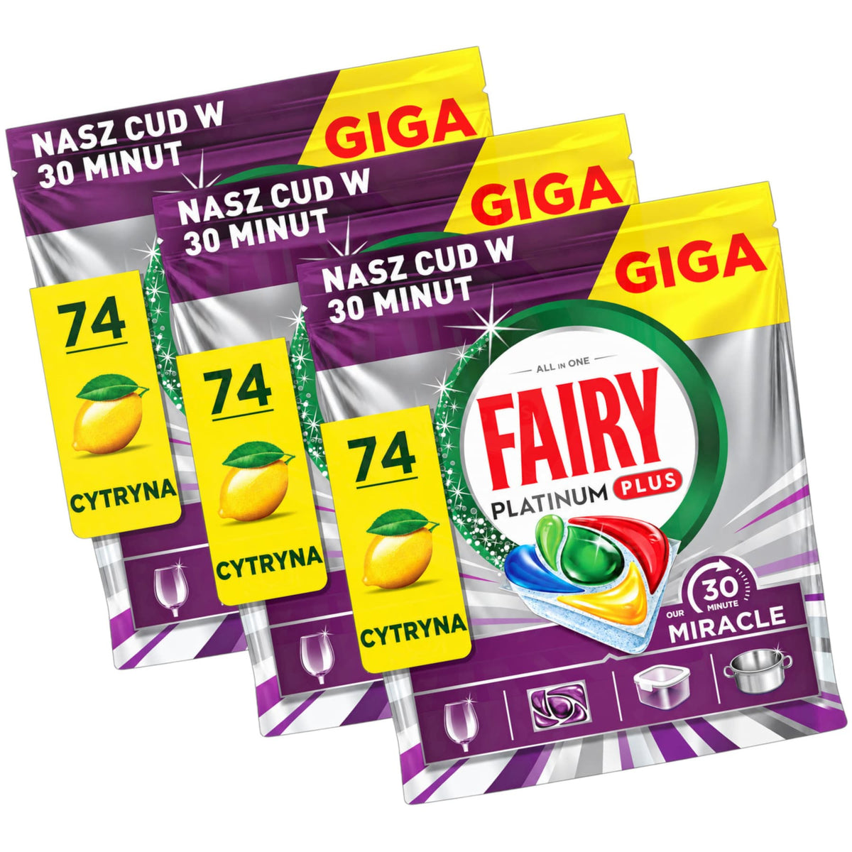 Produkt FAIRY Tabletki i kapsułki do zmywarki 3x Kapsułki do zmywarki FAIRY Platinum Plus 30 Minute Miracle Lemon 74 szt K_006523_3