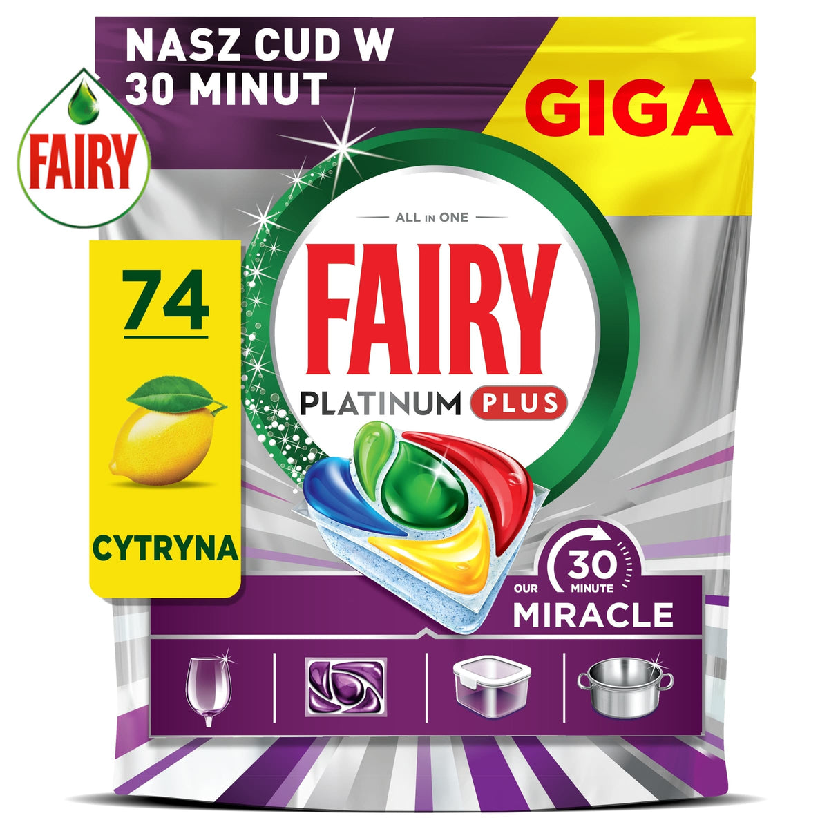 Produkt FAIRY Tabletki i kapsułki do zmywarki 4x Kapsułki do zmywarki FAIRY Platinum Plus 30 Minute Miracle Lemon 74 szt K_006523_4