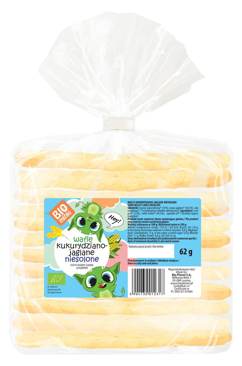 Produkt BIOMINKI (przekąski dla dzieci, kaszki) WAFLE KUKURYDZIANO-JAGLANE NIESOLONE BIO 62 g - BIOMINKI 5904730012317