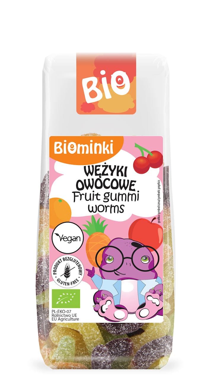 Produkt BIOMINKI (przekąski dla dzieci, kaszki) WĘŻYKI OWOCOWE BEZ ŻELATYNY BEZGLUTENOWE BIO 100 g - BIOMINKI 5902448165134