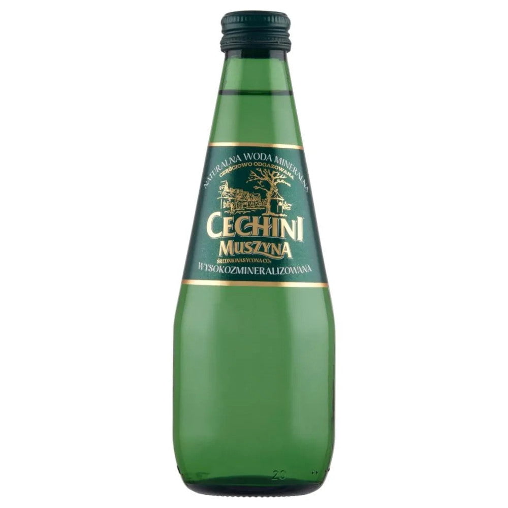 Produkt CECHINI MUSZYNA Woda wysokomineralizowana Woda średnionasycona CECHINI MUSZYNA wysokozmineralizowana - szklana 0,33l 004790